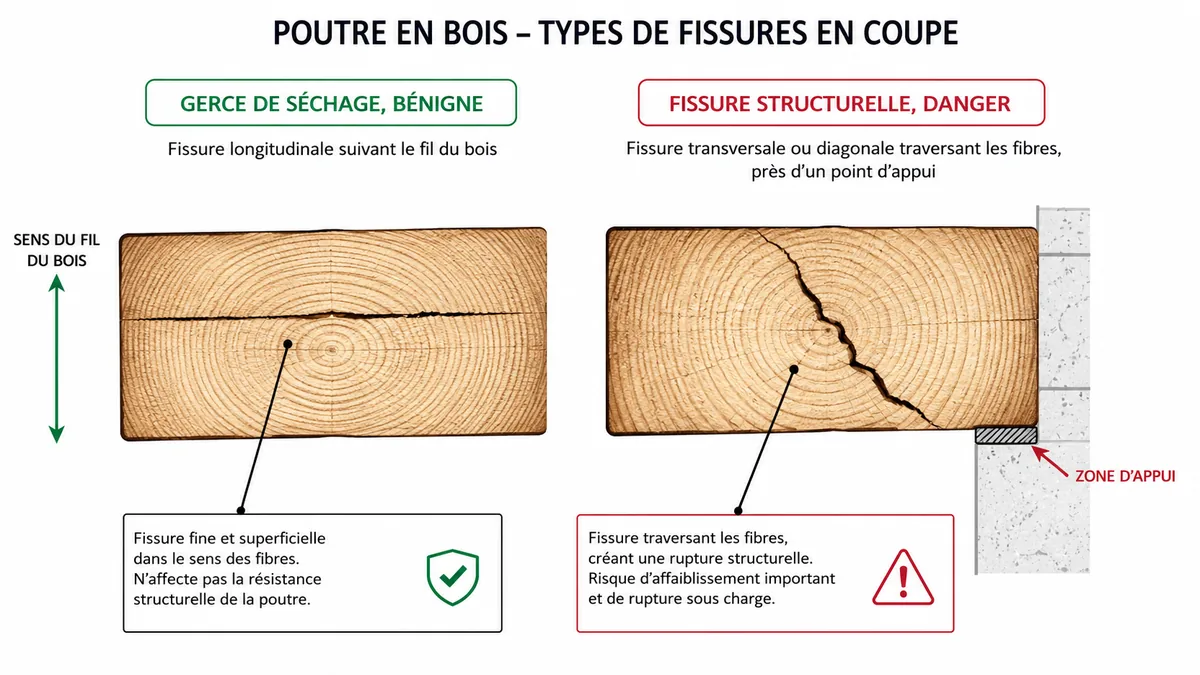 Schéma comparatif fissure longitudinale bénigne et fissure transversale dangereuse sur poutre