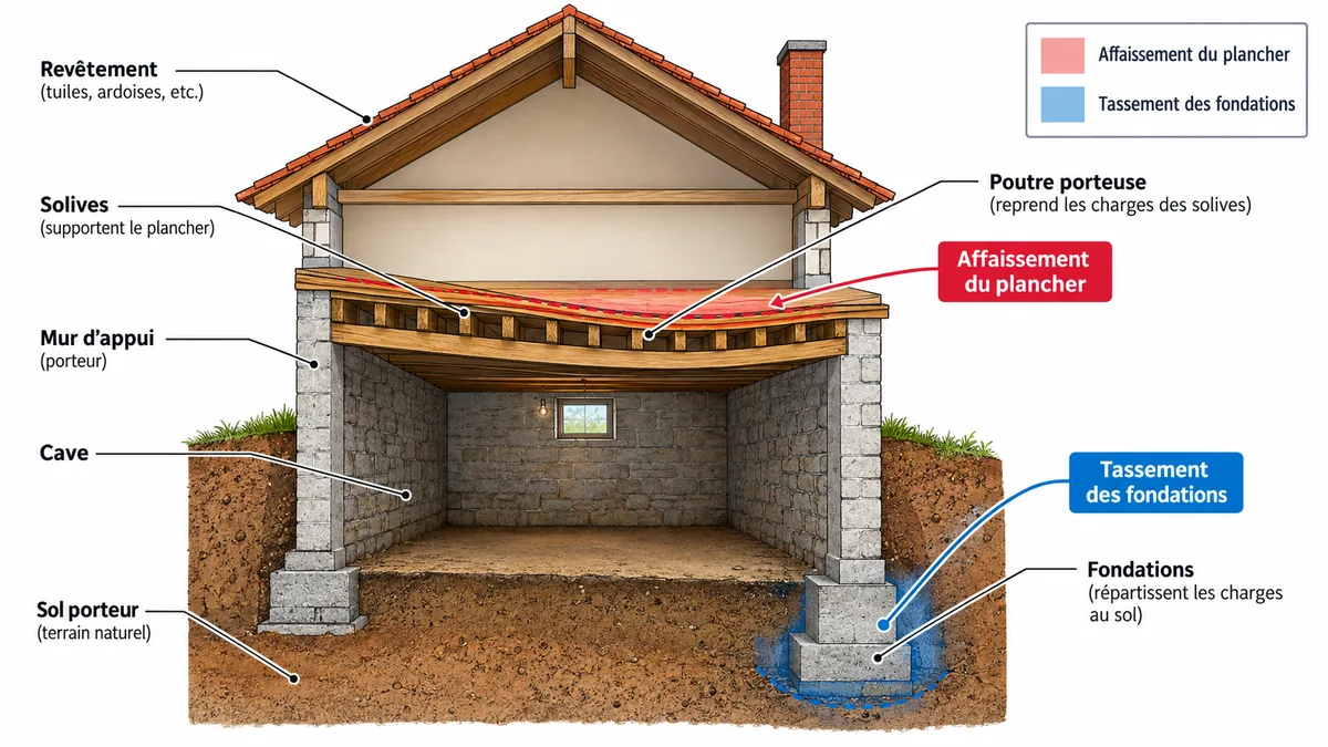 Coupe annotée d'un plancher bois et de ses appuis
