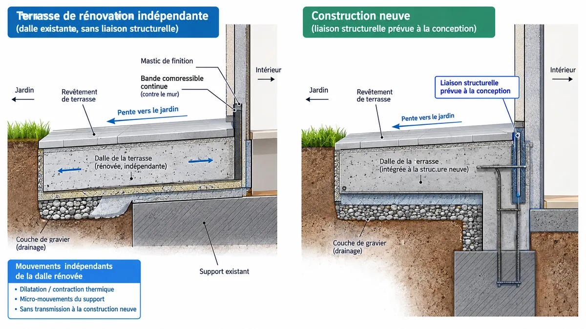 Terrasse désolidarisée et terrasse liée à une maison neuve