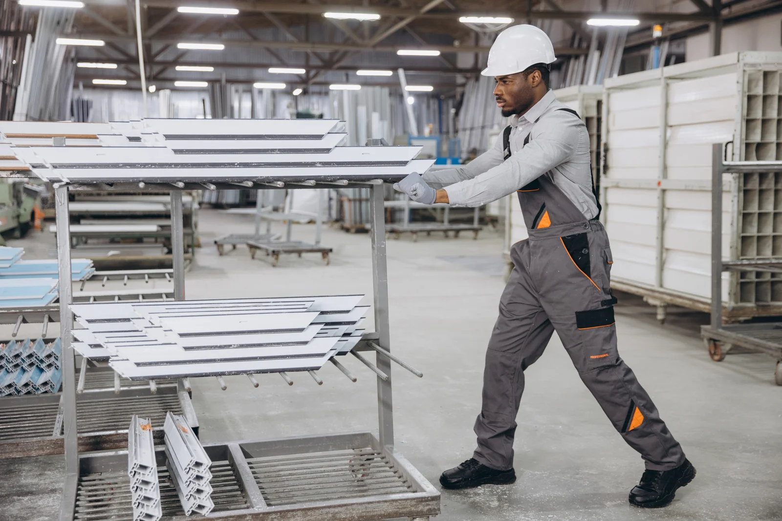Ouvrier en casque blanc et combinaison de travail poussant un chariot de profilés dans un atelier industriel